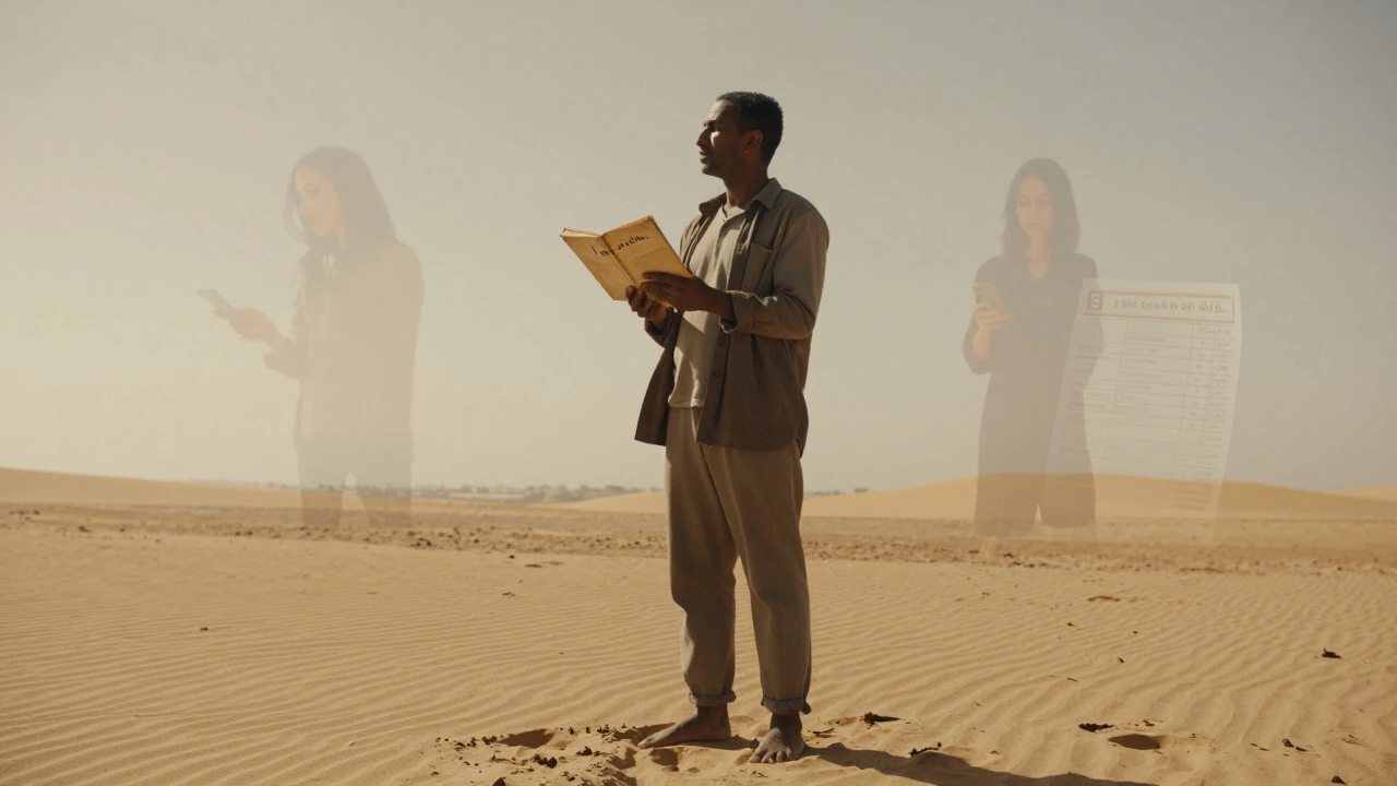 Een man op een Marokkaanse strand, houdt een notitieboek met 'Ik ben geen slachtoffer' terwijl schaduwen verdwijnen.