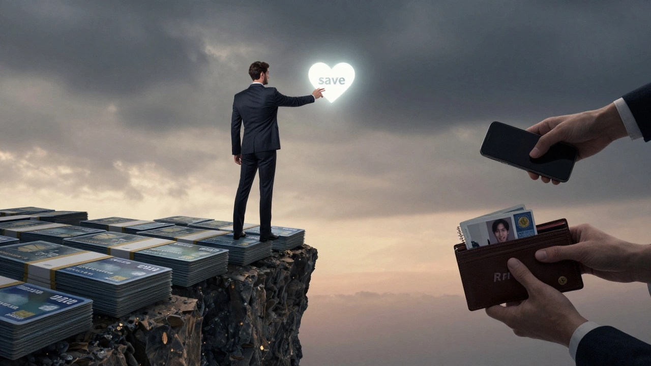 Een man staat aan de rand van een klif van creditcards, terwijl schaduwen zijn bezittingen wegtrekken.