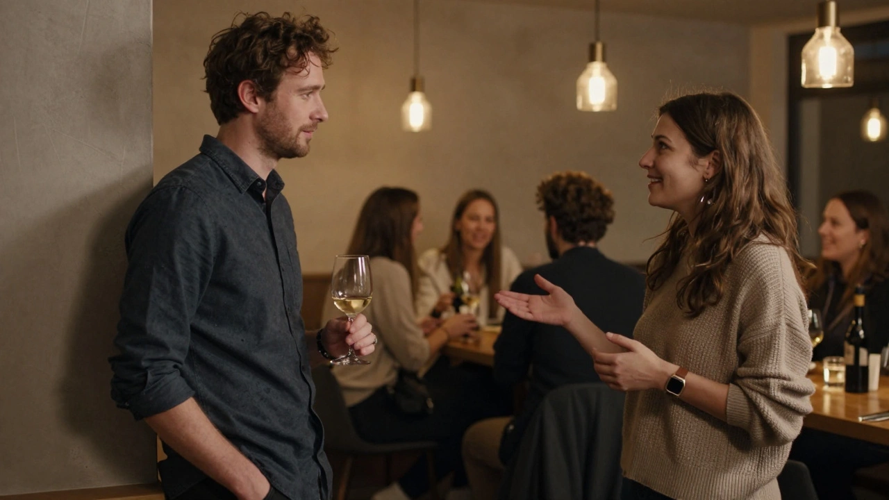 Een man staat alleen in een kleine bar, kijkt naar anderen, en een vrouw lacht naar hem toe tijdens een eenvoudig singles event.