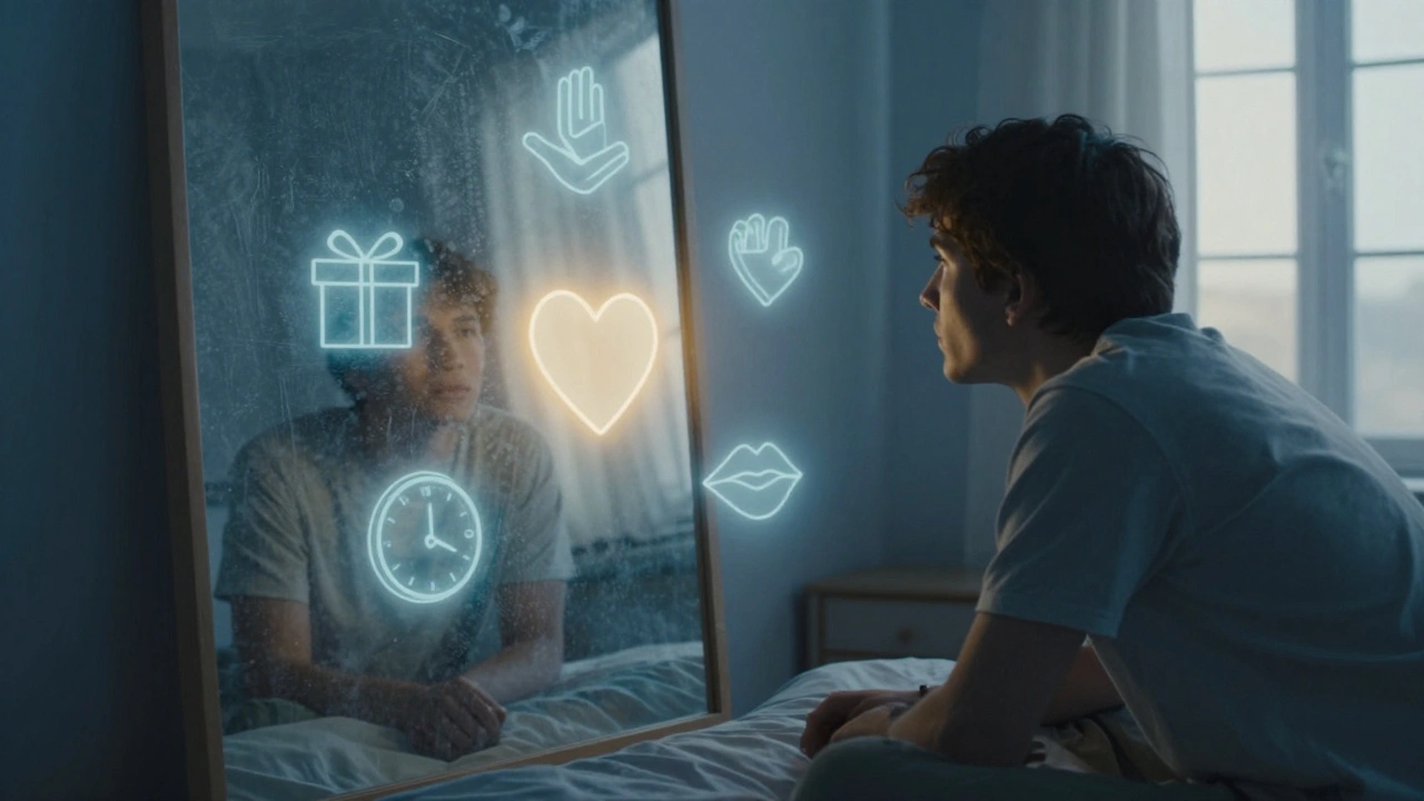 Een man voor een spiegel, vijf lichtende symbolen om hem heen, symboliserend liefdes-talen.