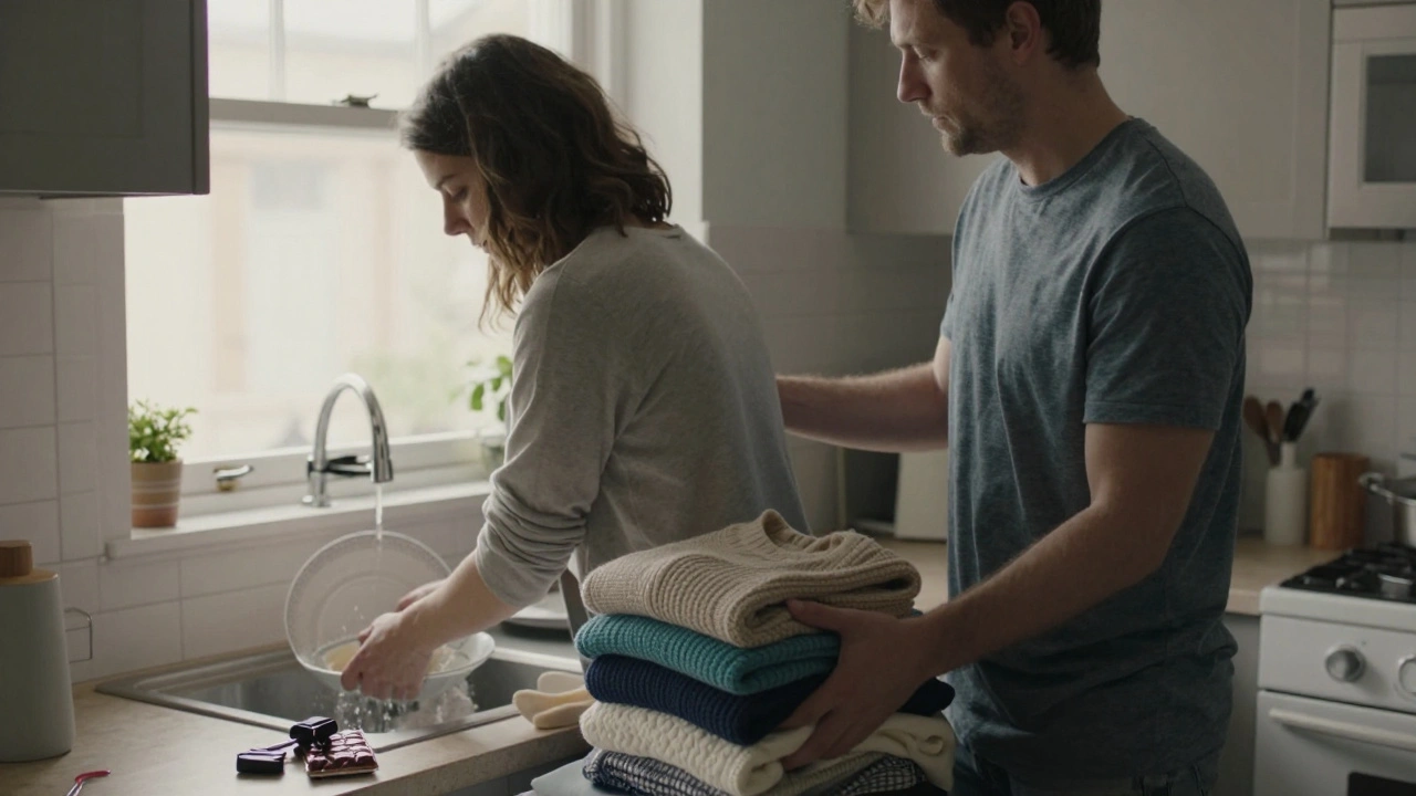 Een man vouwt was in de keuken terwijl zijn partner afwast, zijn hand rust even op haar rug.