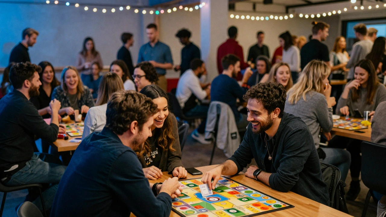 Een paar bij een board game op een singles event, hun ogen vastgericht op elkaar terwijl de rest van de groep in de achtergrond leeftig is.