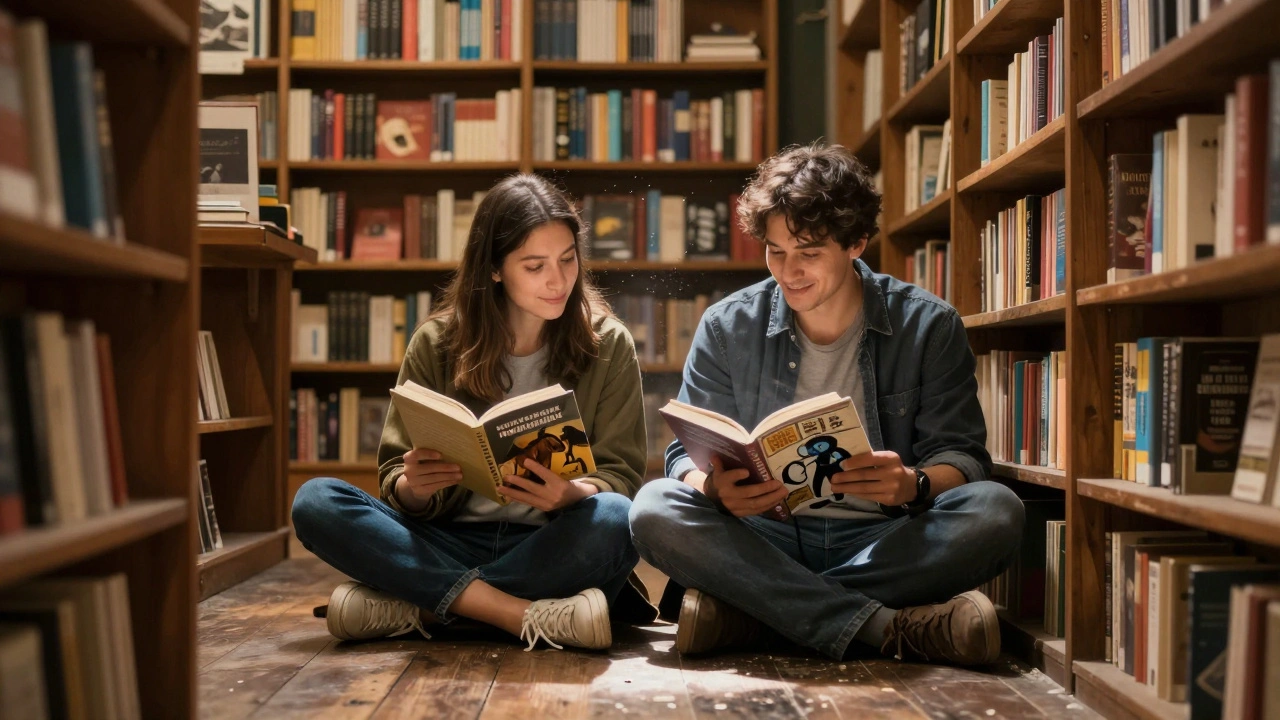 Een paar zit op de vloer van een boekenwinkel, lezend in stilte naast boekenkasten, geen telefoons.