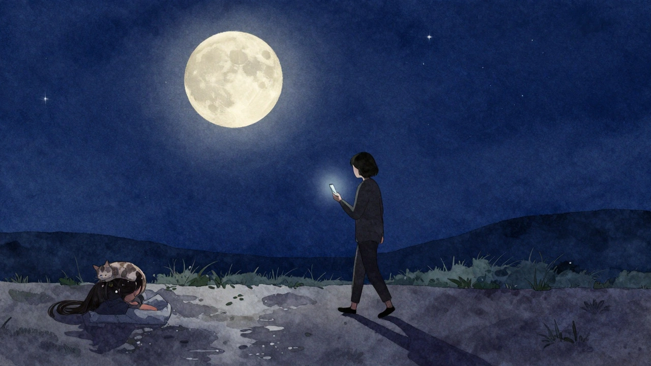 Een persoon loopt onder de volle maan met een telefoon die een kat op een hoofd toont, in een stille, natte nacht.