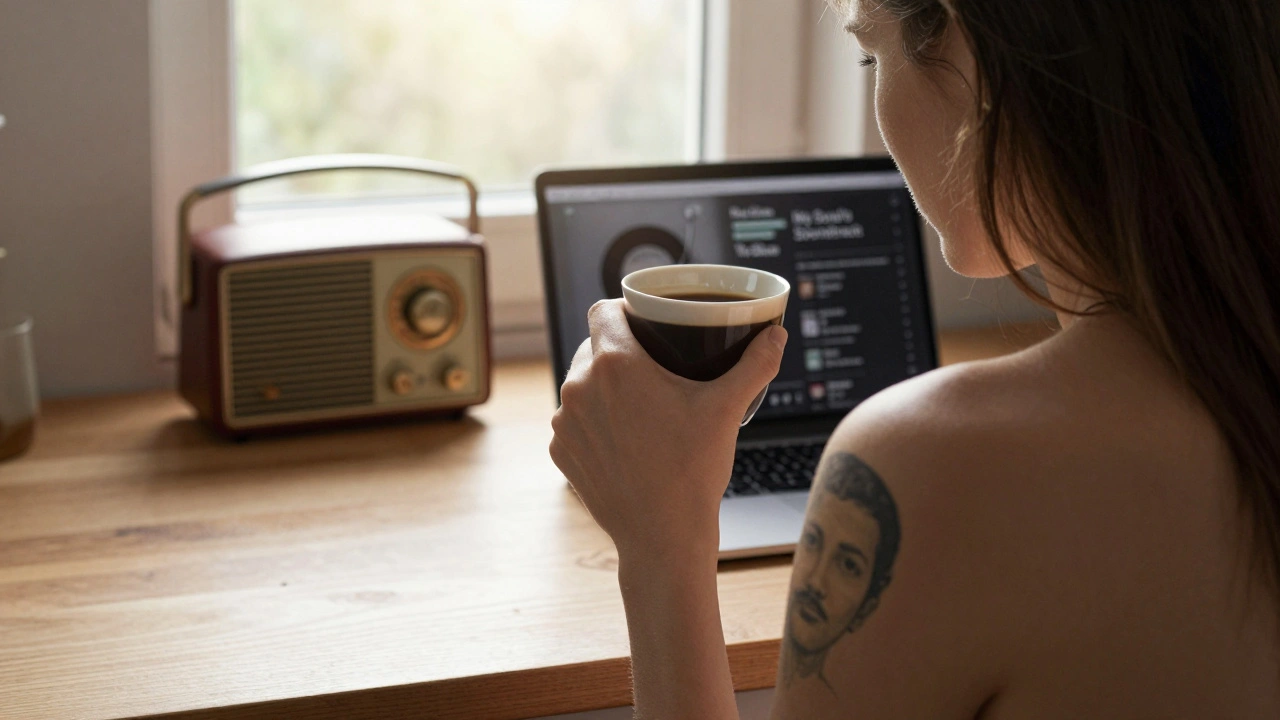 Een vrouw in de ochtendzon met een radio die 'The Blue' speelt, een Thom Yorke-tatoeage op haar schouder, koffie in de hand.