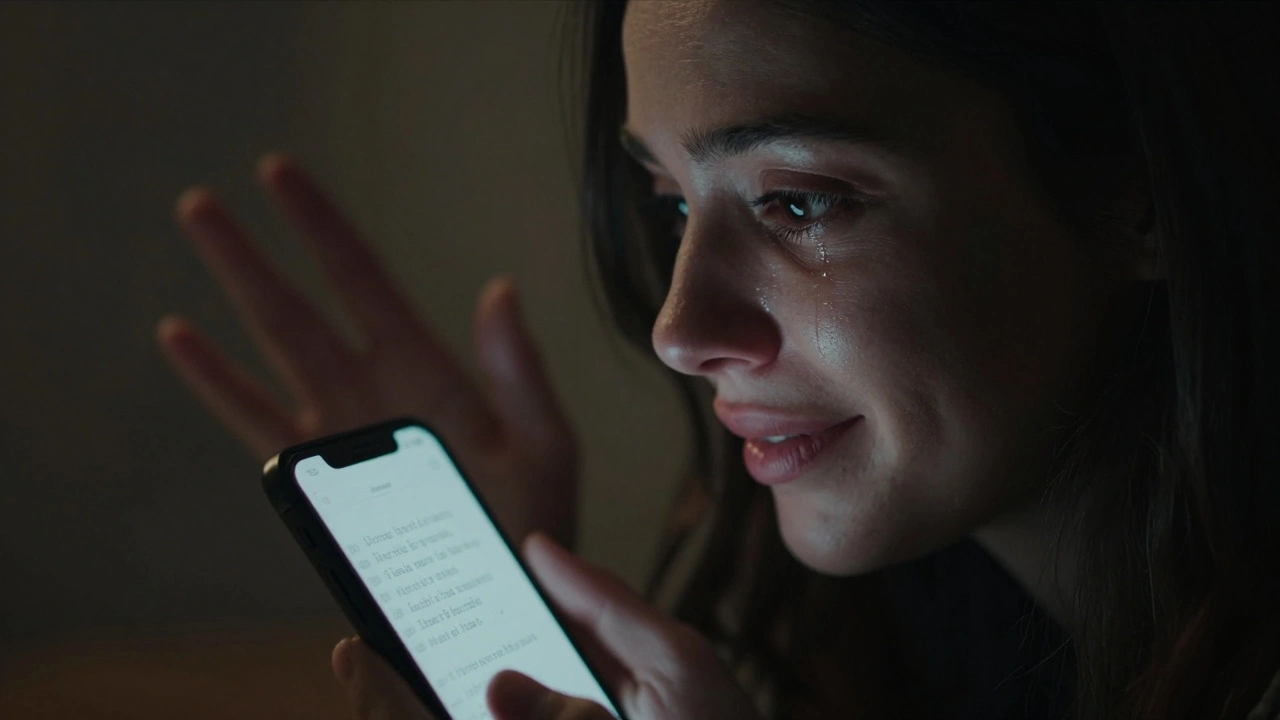 Een vrouw lacht bijna terwijl ze een diepgaand bericht leest, haar ogen vol verbazing en nieuwsgierigheid.