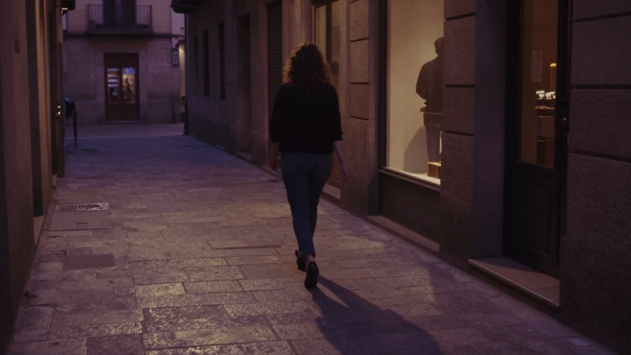 Een vrouw loopt alleen in een Barcelona-alleys, haar schaduw lang, een vage silhouet van een man in een raam — gevoel van verbinding zonder aanraking.
