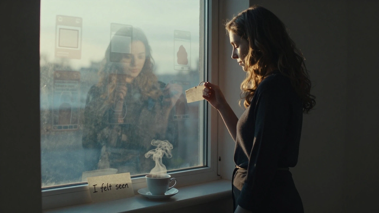 Een vrouw staat bij een raam met een naamband, haar reflectie toont vage app-schermen die verdwijnen terwijl een echte thee kop op de vensterbank staat.