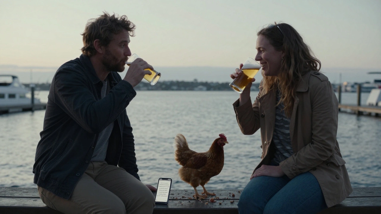 Man en vrouw lachen samen op een havenbank, een kip eet van hun restjes, hun telefoon toont een opvallende bio.