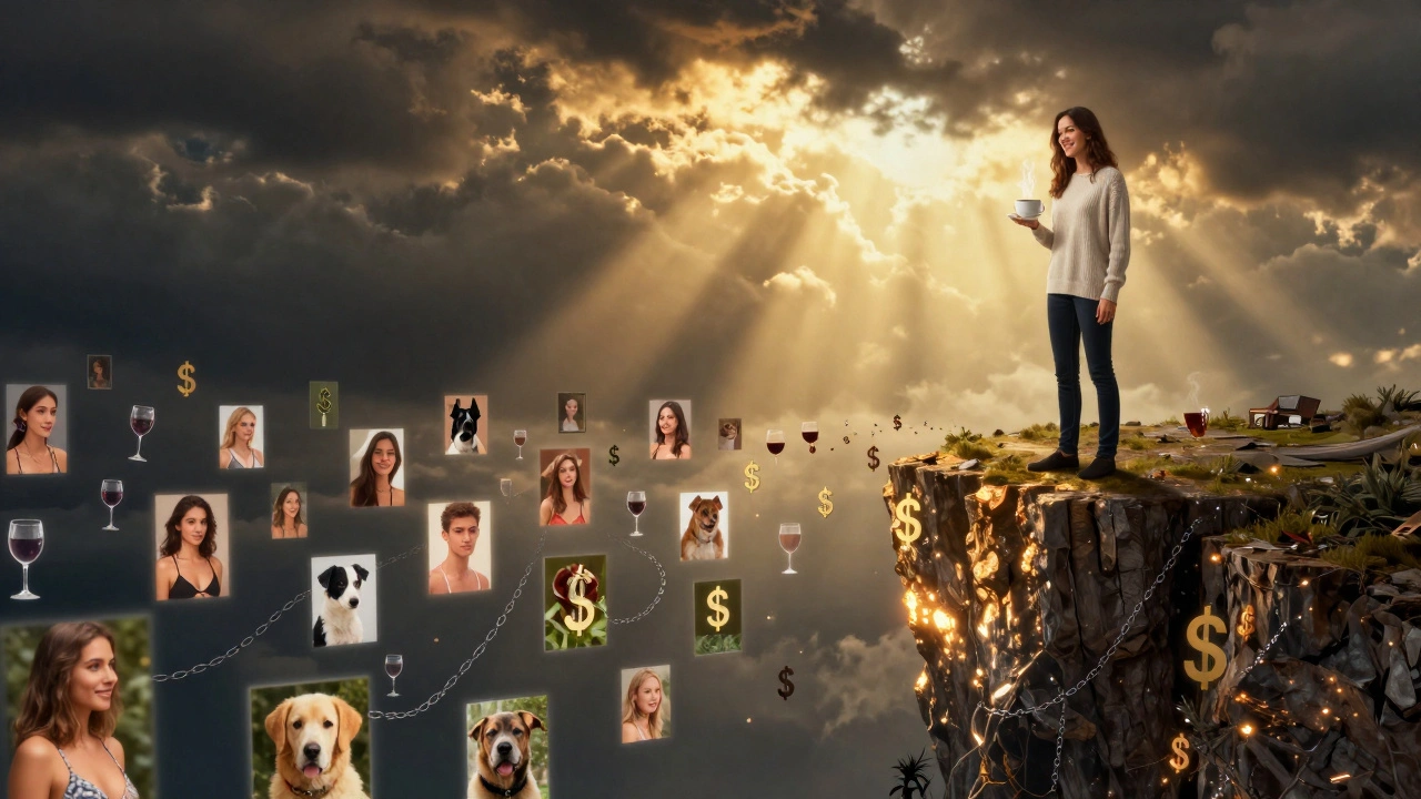 Man staat aan de rand van een digitale afgrond met nepprofielen die veranderen in geld en ketens, terwijl een echte vrouw hem warm begroet.