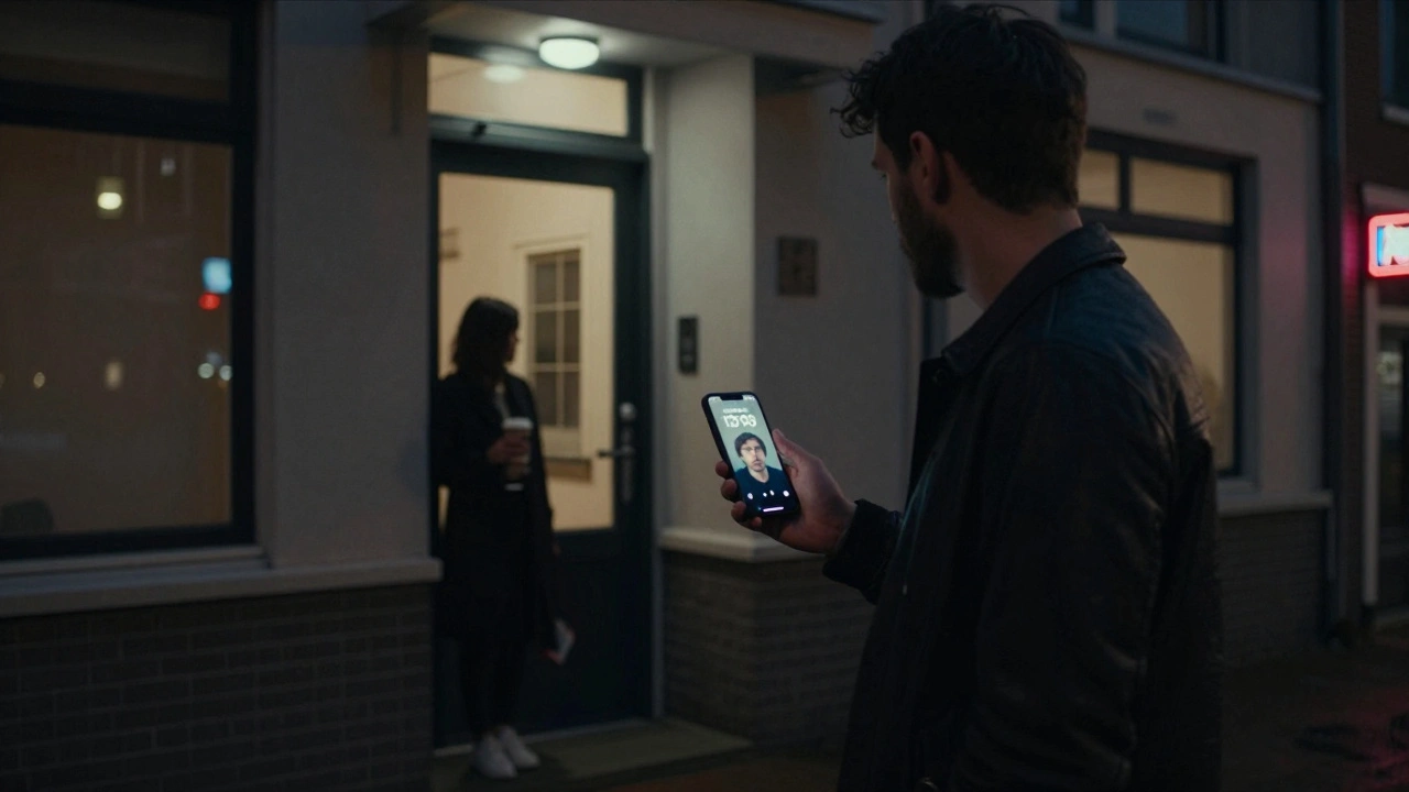 Man staat buiten een appartement, controleert zijn telefoon met tijd en datum, terwijl een vrouw in de deurpost staat.