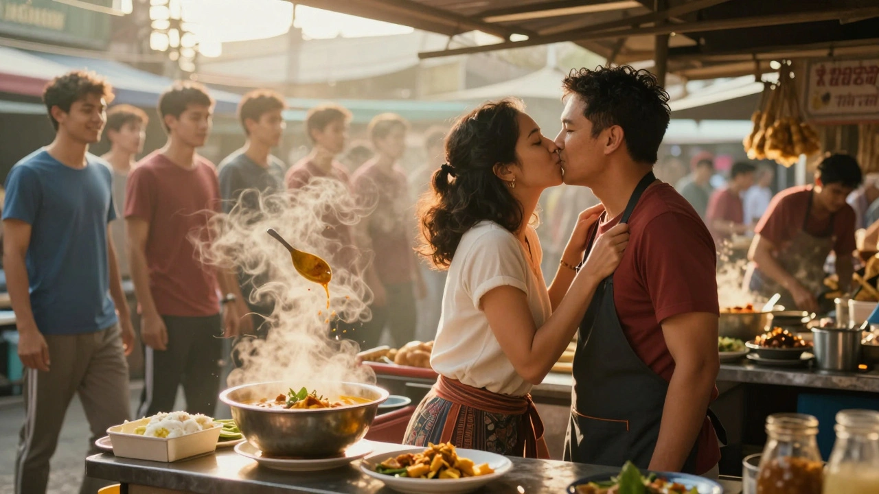 Man wordt gekust op een markt in Bangkok omdat een vrouw denkt dat hij een kok is, terwijl andere mannen in de achtergrond vervagen.
