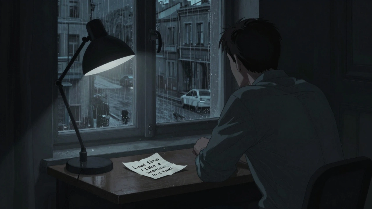 Noir-style man in a dim room gazing out a rainy window, a cryptic note on the table.