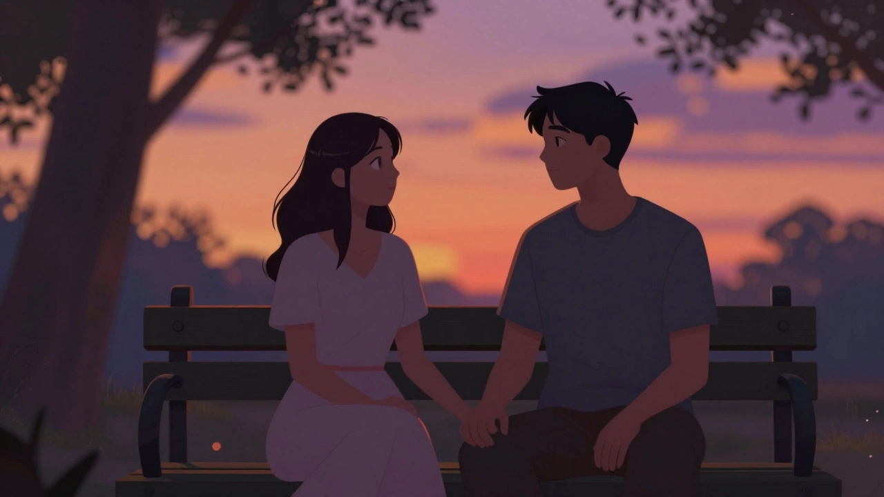 Paar houdt handen vast bij zonsondergang, verbonden gevoel