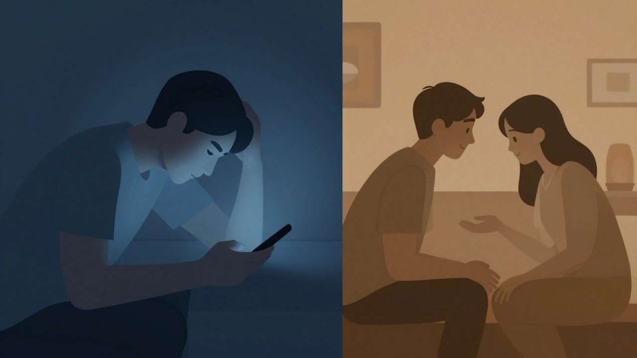 Split scène: gestreste persoon met telefoon vs. ontspannen gesprek in kamer.