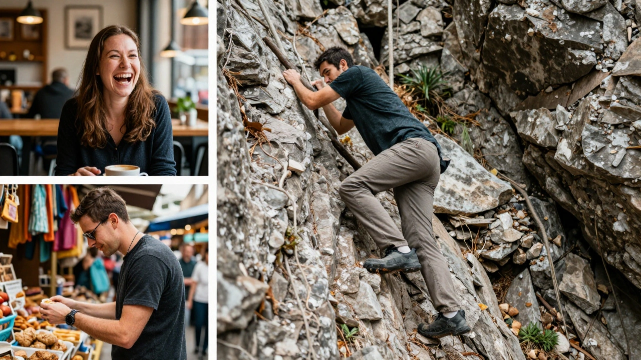 Three authentic photos: laughing in a café, climbing a trail, browsing a market.