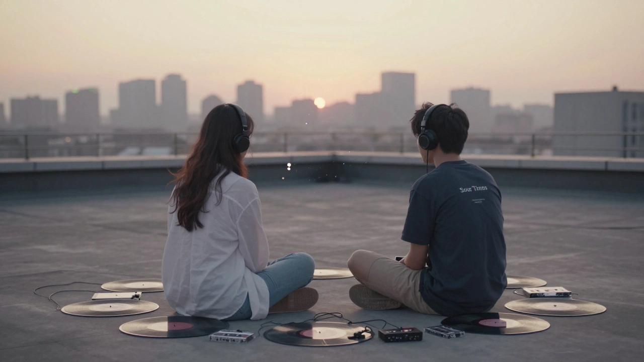 Twee mensen op een dak bij zonsopgang, een paar hoofdtelefoons delend, met vinylplaten rond hen als een ritueel, zachte ochtendlicht.
