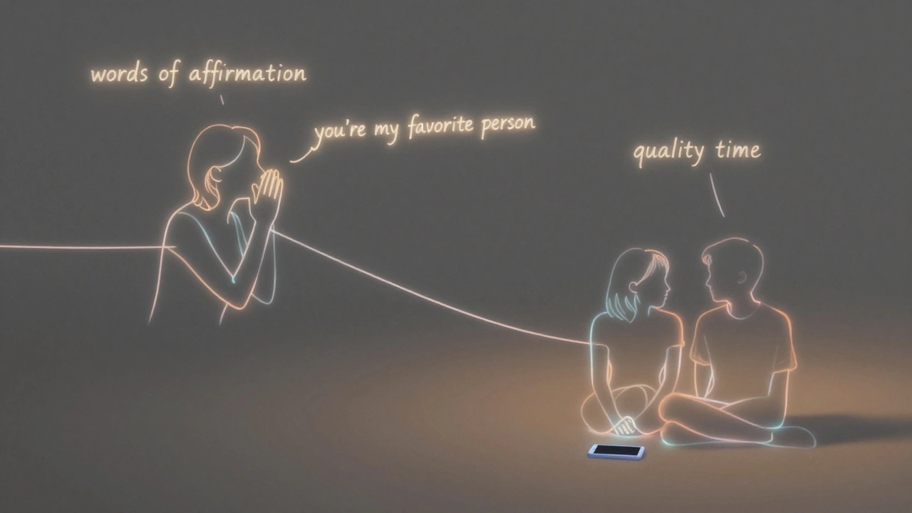 Twee mensen verbonden door zachte, gloeiende draden die hun liefdes talen symboliseren: woorden, aandacht en aanraking.