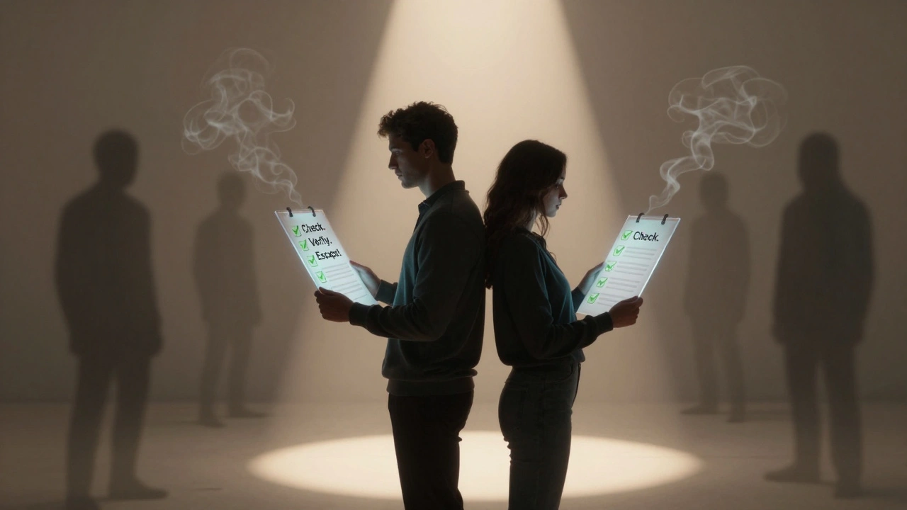Twee silhouetten met transparante checklists, terwijl schaduwen van datingvalstrikken verdwijnen in rook.