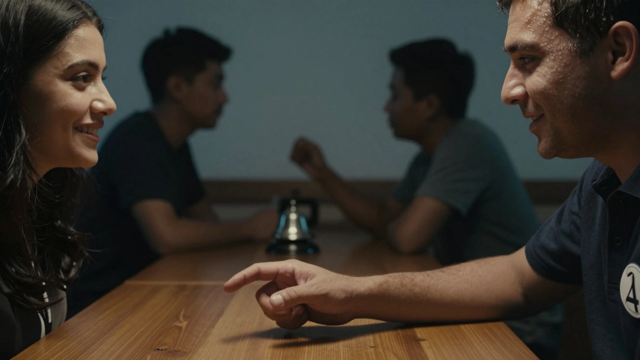 Close-up van een man die zijn hand uitsteekt naar een lachende vrouw tijdens een korte datingronde.