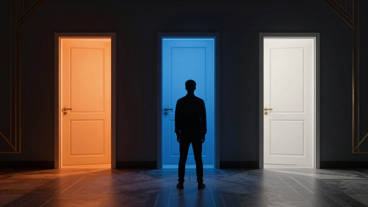 Conceptuele illustratie van drie keuzemogelijkheden als oplichtende deuren