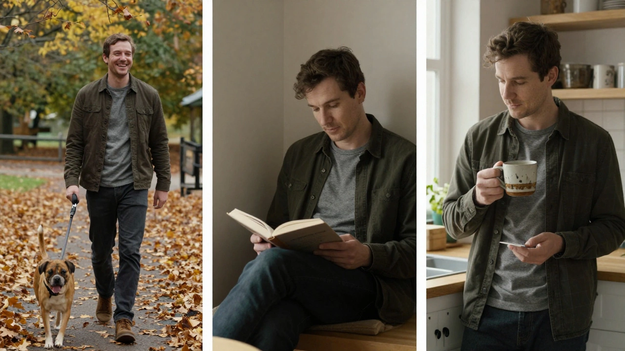 Drie authentieke foto’s van een man: met een hond, lezend, en met een zelfgemaakte mok in de keuken.