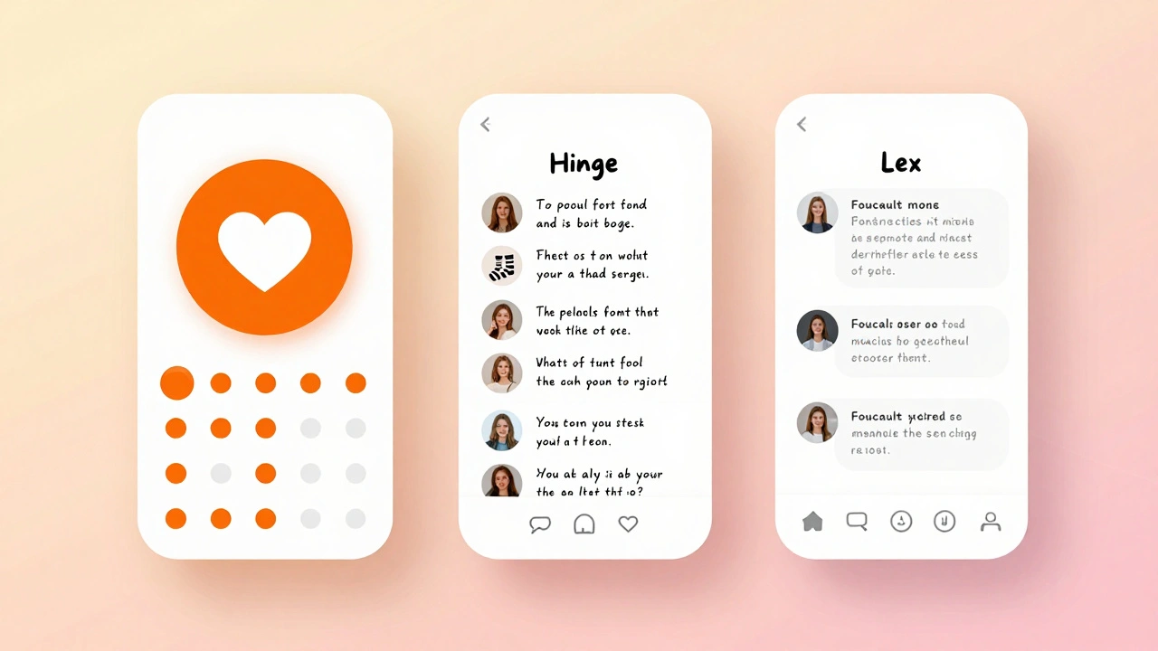 Drie dating-app-interfaces met unieke stijlen: Grindr, Hinge en Lex, weergegeven als zwevende schermen.