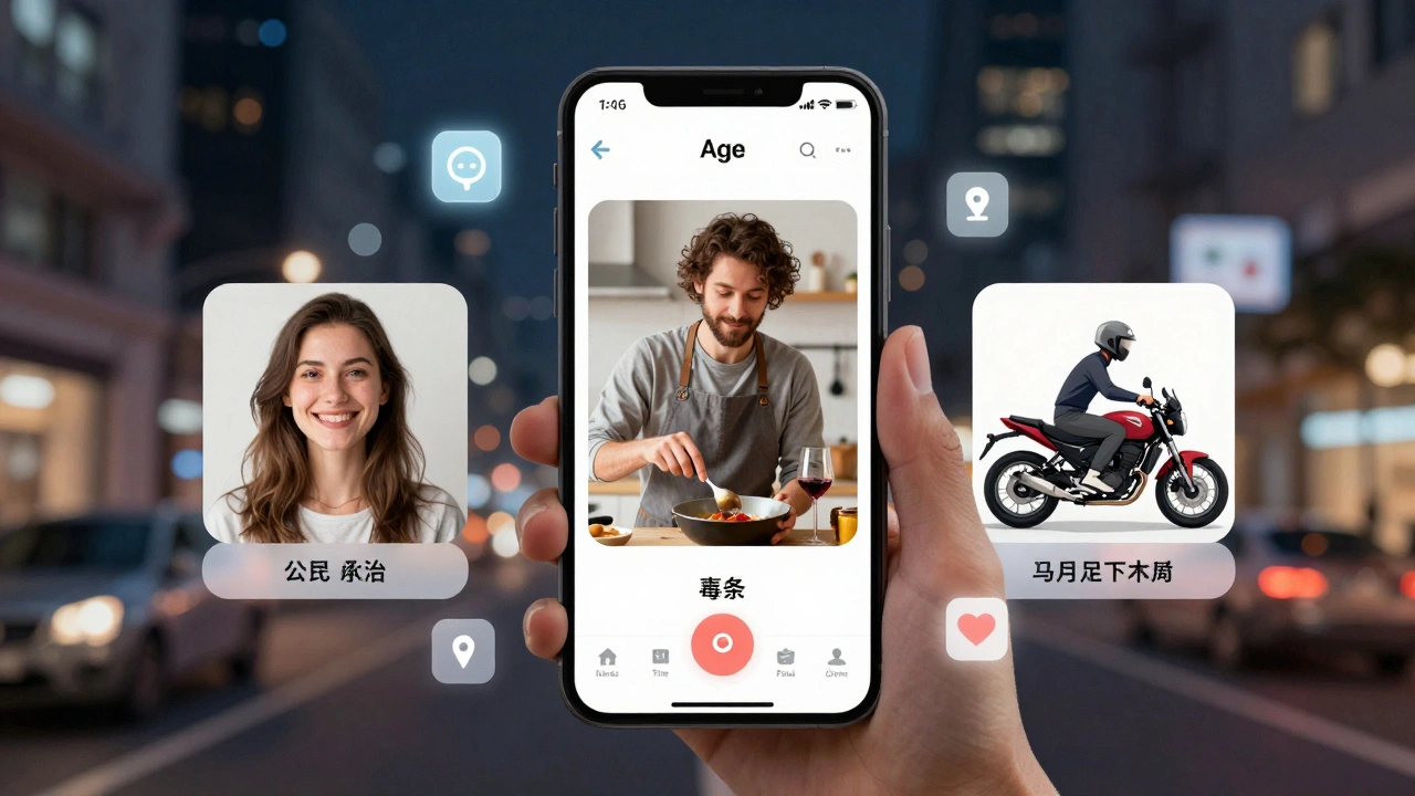 Drie profielfoto's op een telefoonscherm met data-icoontjes, achtergrond met stadslichten en app-interfaces.