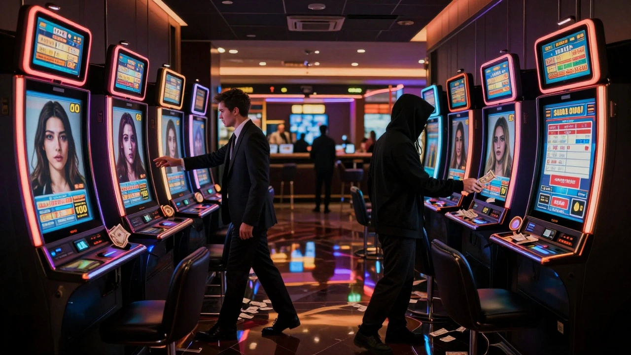 Een casino met telefoon-slots waar geld verdwijnt terwijl echte mensen in de verte lachen.