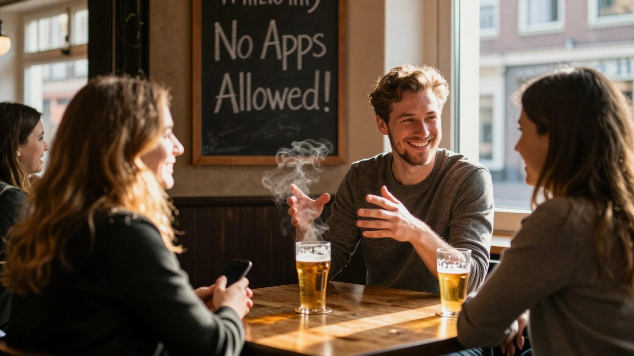 Een echte ontmoeting in een bar, zonder telefoon, met een oprechte glimlach en contact.