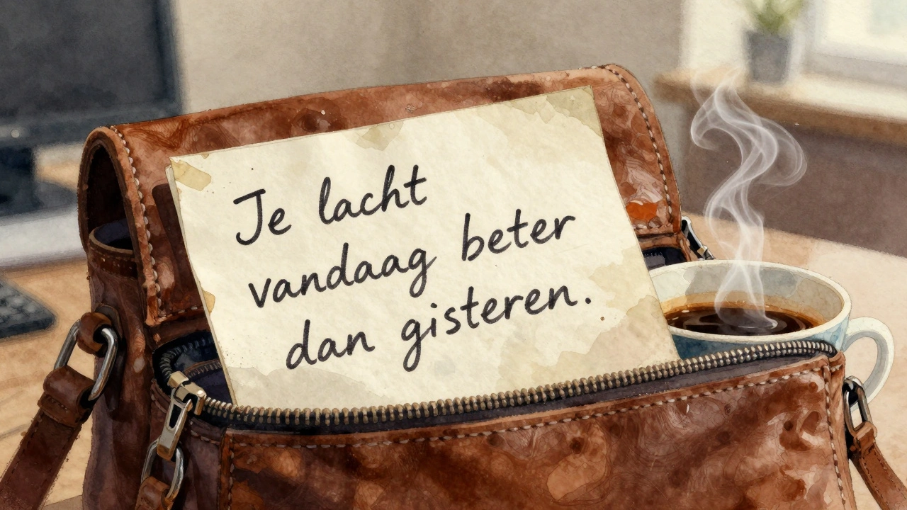 Een handgeschreven briefje in een tas met de woorden: 'Je lacht vandaag beter dan gisteren.'