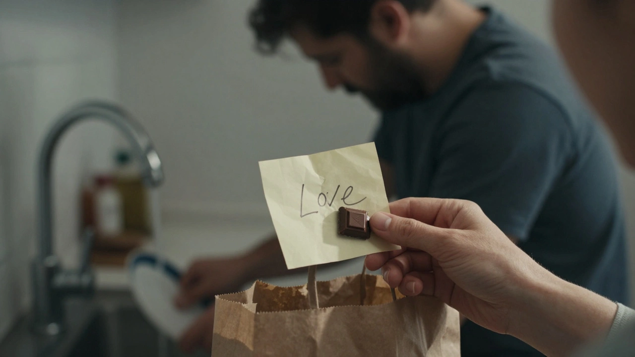 Een klein briefje en een stukje chocolade op een keukentafel, met een man die afwast in de achtergrond.