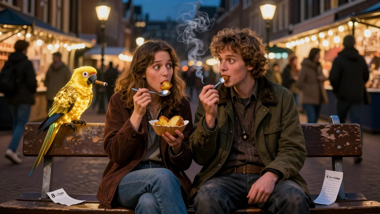 Een koppel eet een geroosterde aardappel met een zilveren lepel op een markt, terwijl een gouden papegaai rookt.