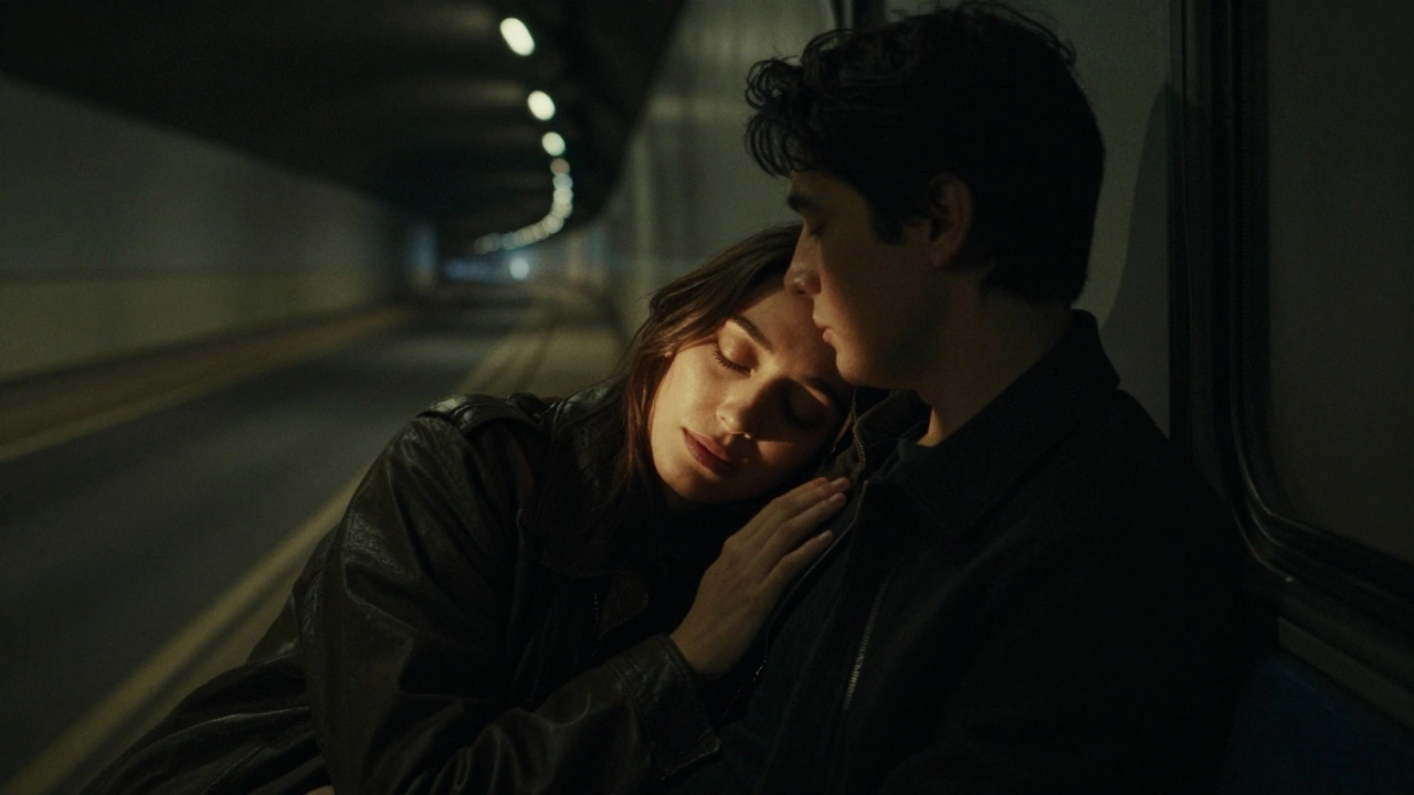 Een koppel in een donkere treintunnel, hun hoofden tegen elkaar, licht flitsend over hun gezichten terwijl de trein rijdt.