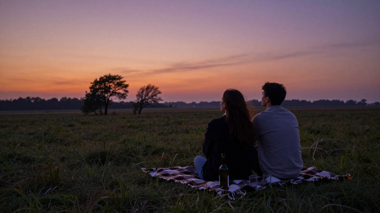 Een koppel op een weide bij zonsondergang, met een deken, wijn en een rustige lucht vol oranje en paarse tinten.