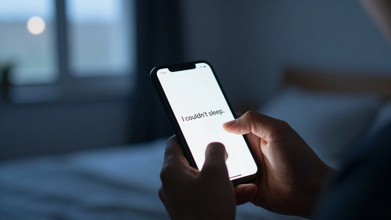 Een man houdt zijn telefoon vast met een nachtelijk bericht: 'Ik kon niet slapen.'