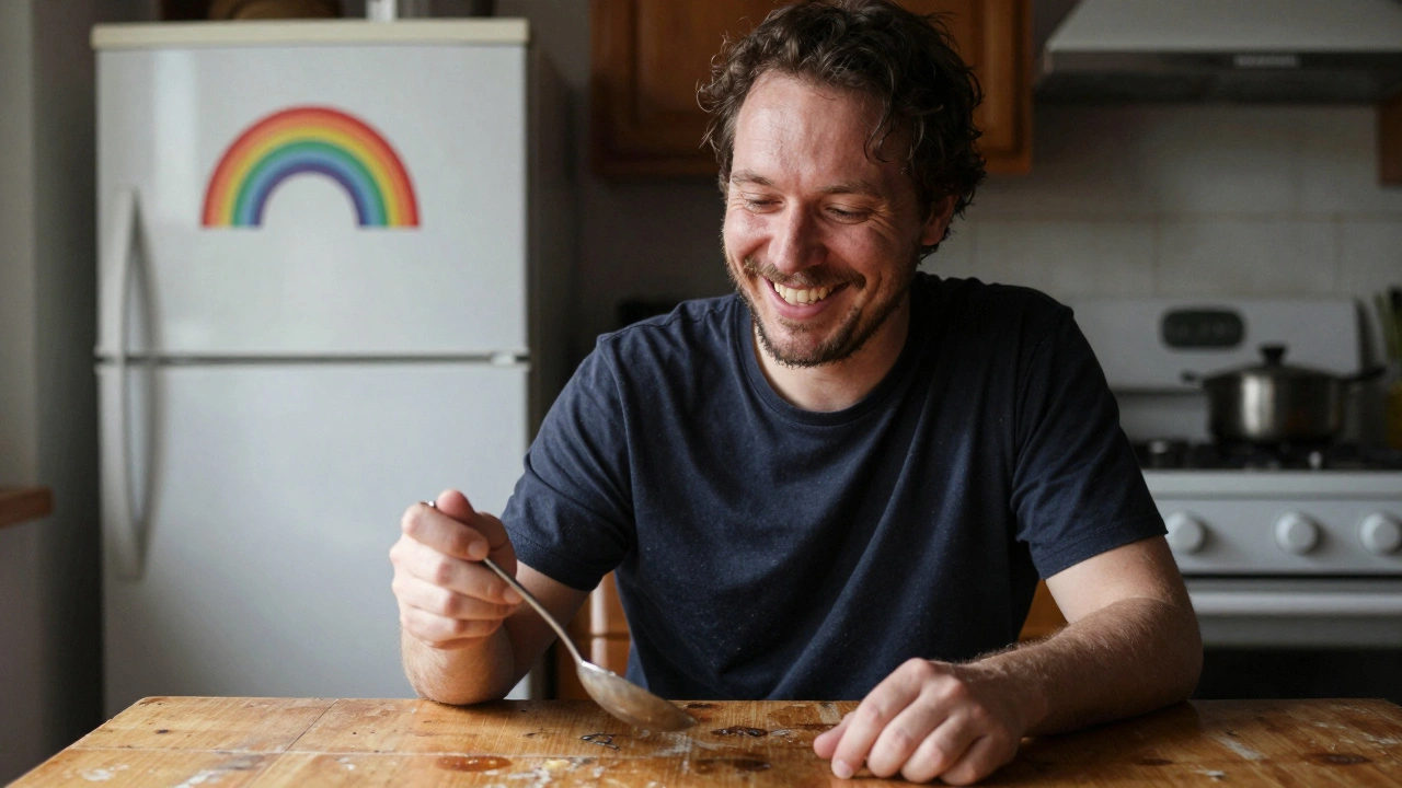 Een man lacht terwijl hij kookt in een zonnige keuken, met een regenboogstickers op de koelkast.