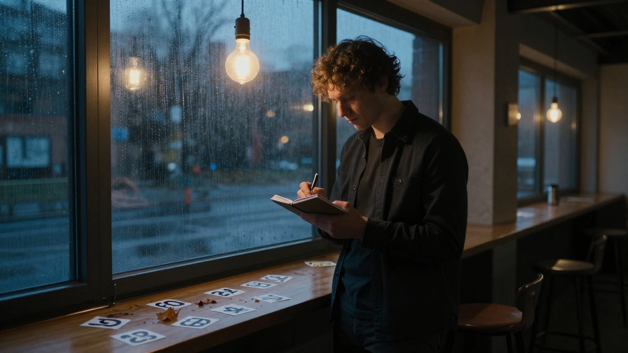 Een man schrijft in een notitieboekje in een lege zaal na een speed dating avond, met regen op het raam.
