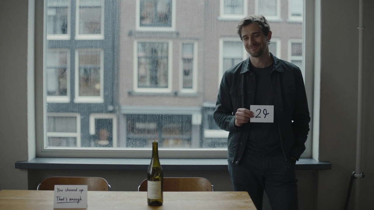 Een man staat alleen bij een raam na een singles event, houdt een kaartje vast terwijl regen tegen het glas stroomt.