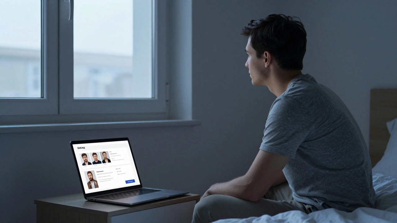 Een man zit rustig op het bed bij zonsopgang, een datingprofiel zichtbaar op een laptop, stil en zeker.