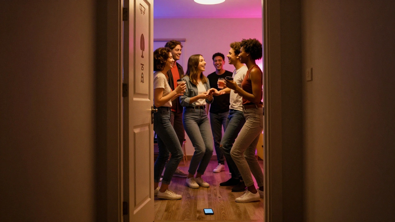 Een open deur waarbinnen LGBTQ+-mensen verbonden zijn, met een telefoon op de drempel als symbool van toegang.