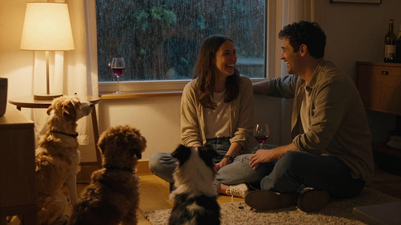 Een paar lacht in een appartement, drie honden kijken toe, warm licht en regen op het raam.