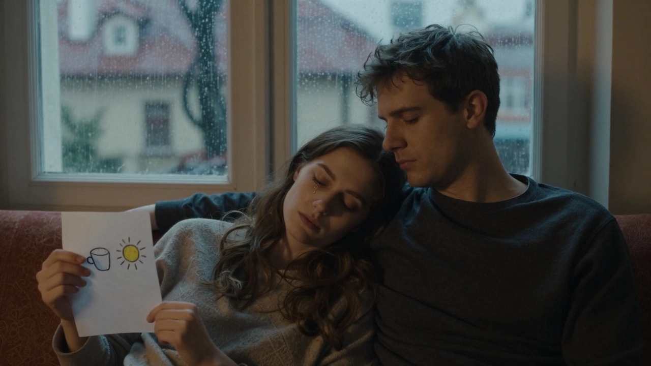 Een paar op de bank, niet aanrakend, maar dichtbij — zij huilend, hij met een eenvoudige tekening in zijn hand.