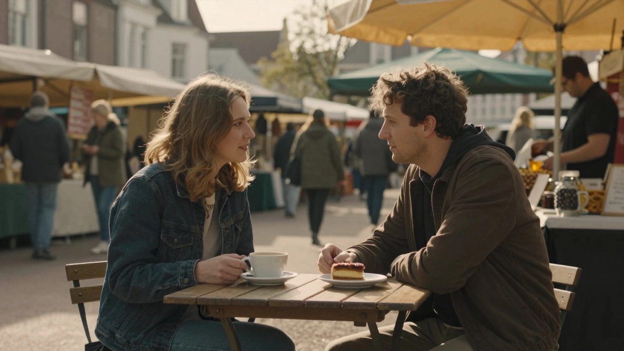 Een paar zit aan een markttafeltje met koffie en taart, zonder telefoons, in zacht morgenlicht.