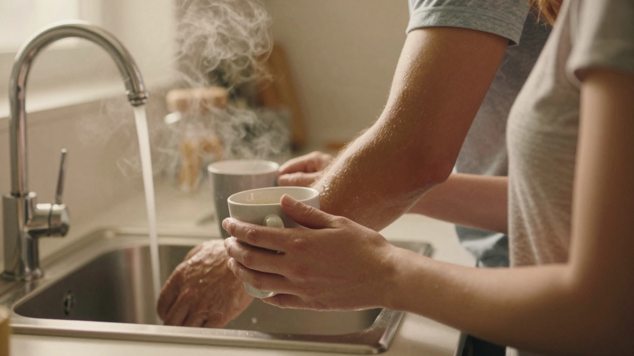 Een vrouw houdt een kop koffie vast terwijl haar partner afwast, hun handen bijna in aanraking — stilte als vorm van liefde.