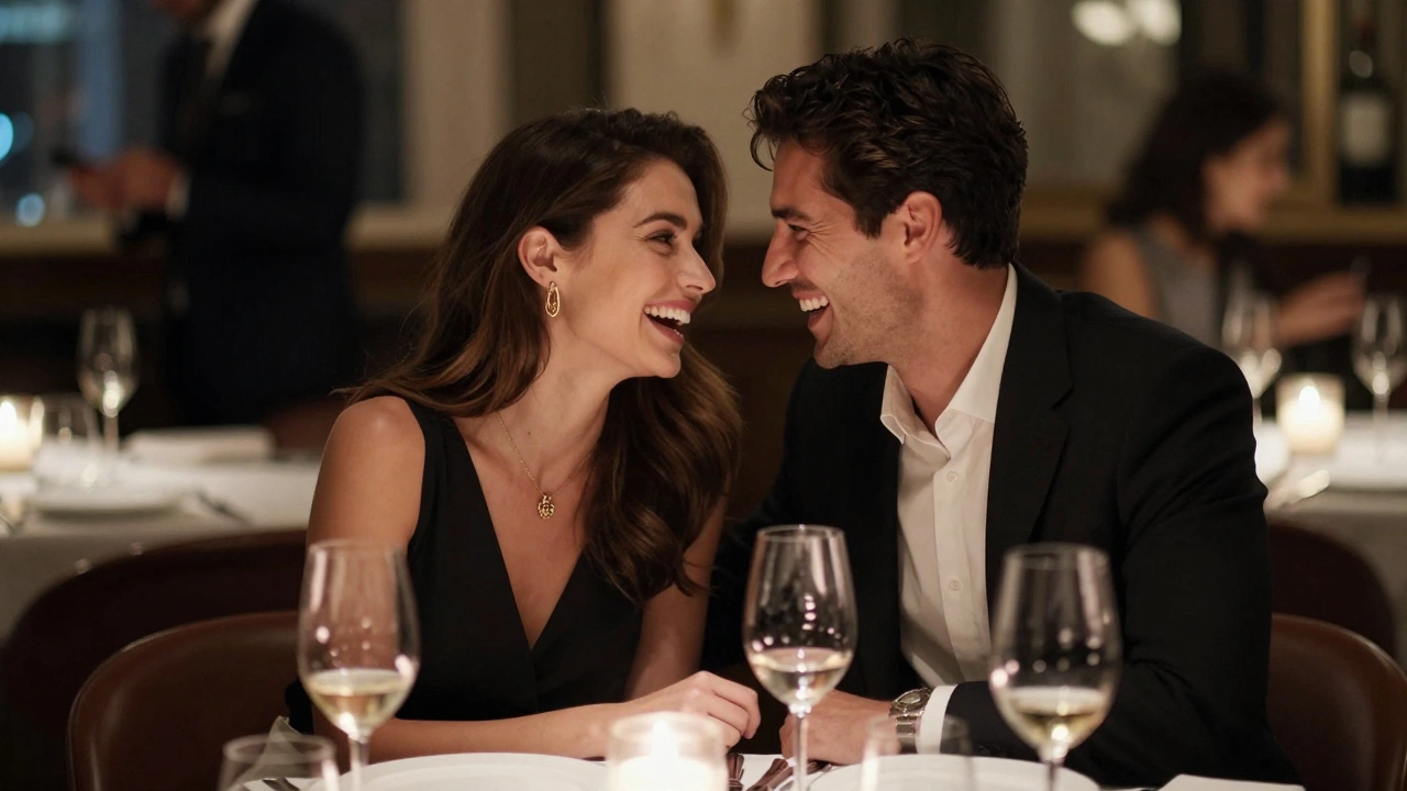 Elegante koppel lacht samen tijdens romantisch etentje.