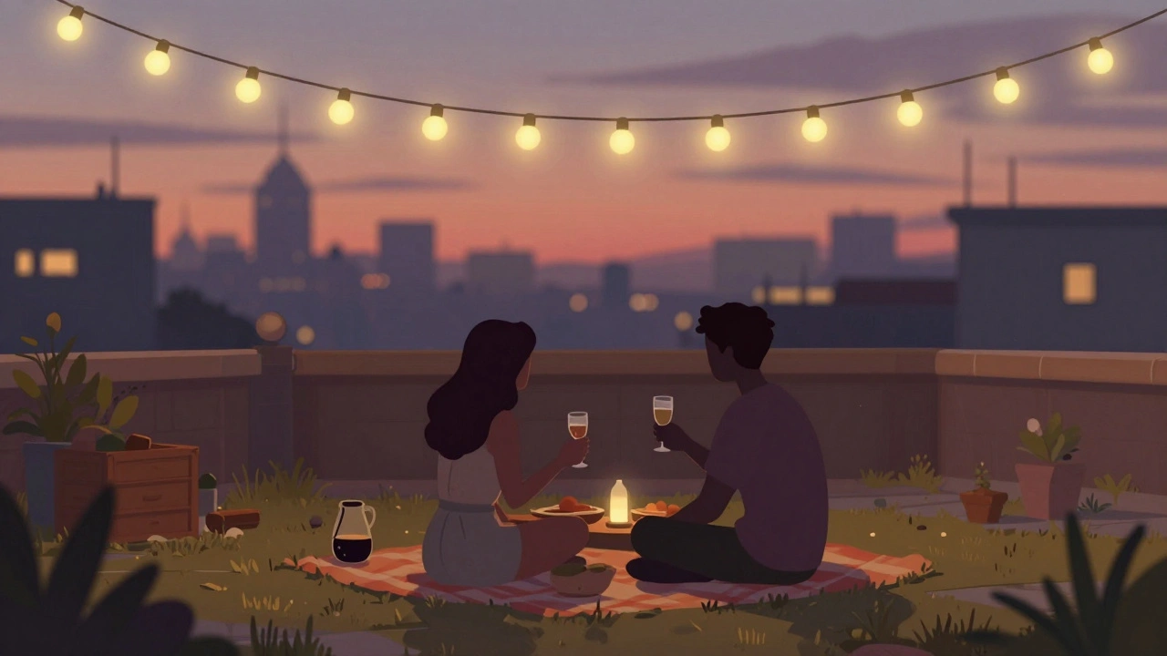 Intieme picknick op een dakterras met sfeerverlichting.