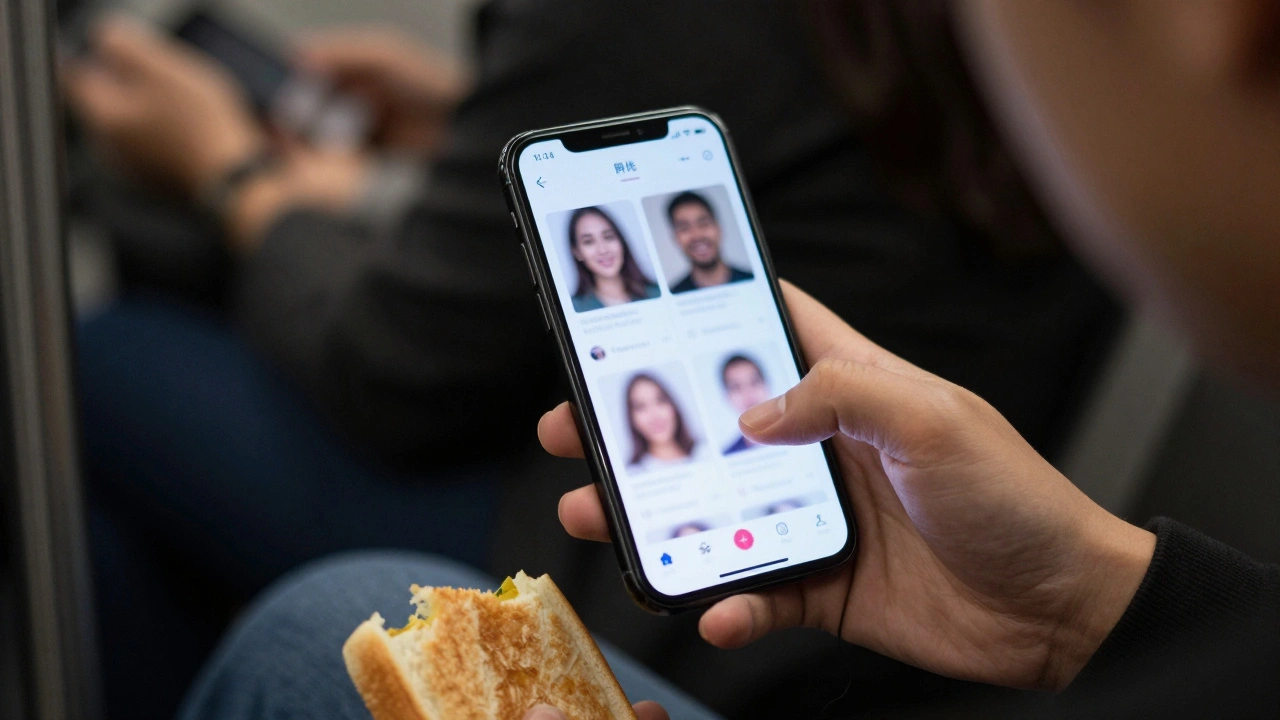 Man in de metro die snel swipt op een datingapp, voorbijgaaande gezichten op het scherm, schemerig licht.