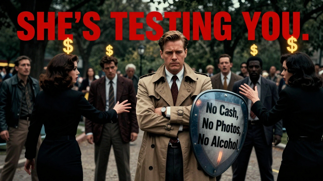 Man in detective coat standing firm against shadowy figures with dollar signs, comic book style.