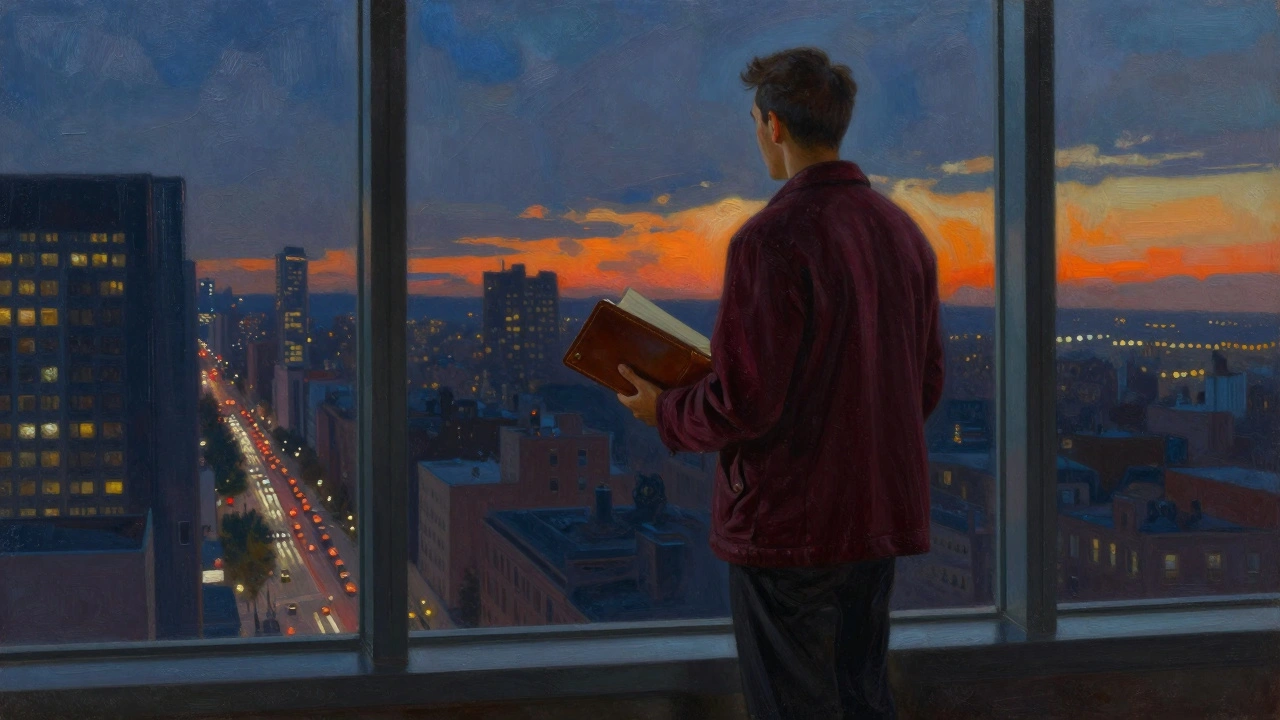 Man staat nadenkend bij venster met stadspanorama achtergronds.